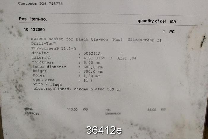 Unused Black Clawson Ultra II Pressure Screen Basket, By Andritz Fiedler (Drill-Tec Series) #36412