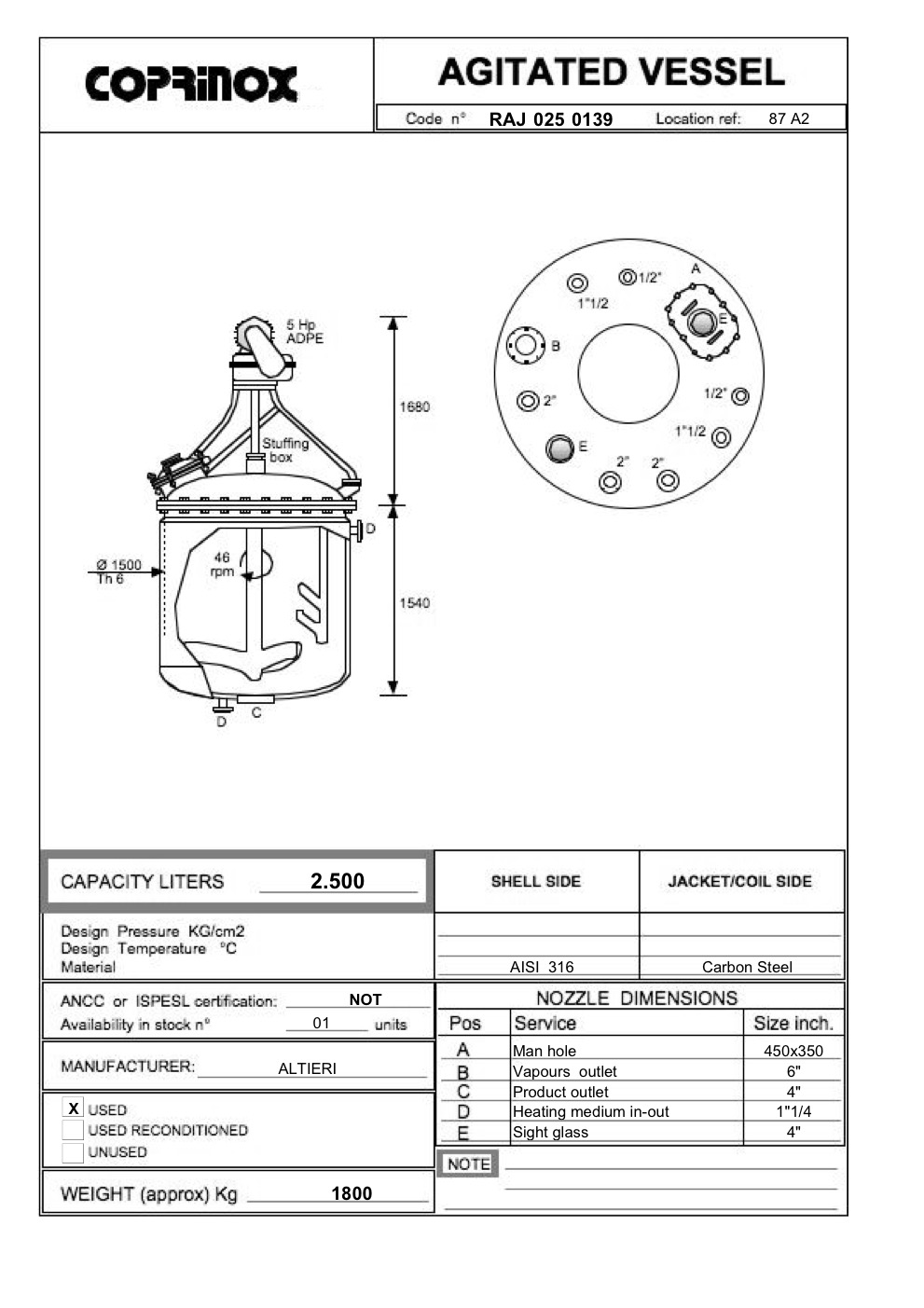 Usato Reattore ALTIERI da 2500 Litri