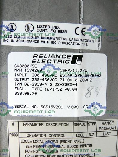 Used Reliance Electric GV3000/SE 15V4260 460V 3 Phase 15HP VTAC 7 HVAC Drive