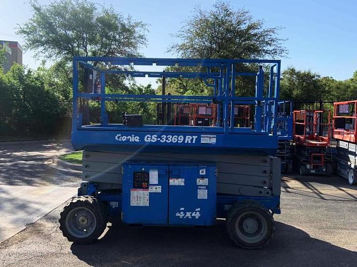 Used 2013 Genie GS-3369 RT Rough Terrain Scissor Lift, 4 x 4, Duel Fuel, FF Tires