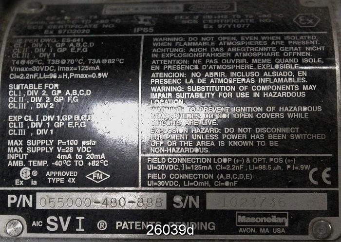 Used Masoneilan 35-35212 Control Valve, 2", Camflex Ii, 316Ss Body, 316 Hf Seat, Stellite Plug, 50 Cv, Masoneilan Svi Positioner, Air To Open, Body Class 600 Ansi #26039
