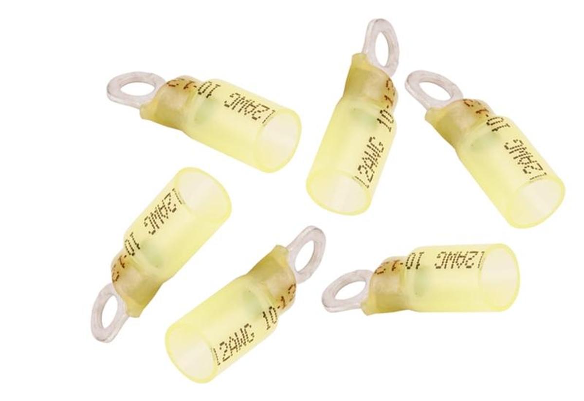 Heat Shrink Ring Terminal 12-10 Gauge Ring Size #8 Yellow Nylon Pack Of 6