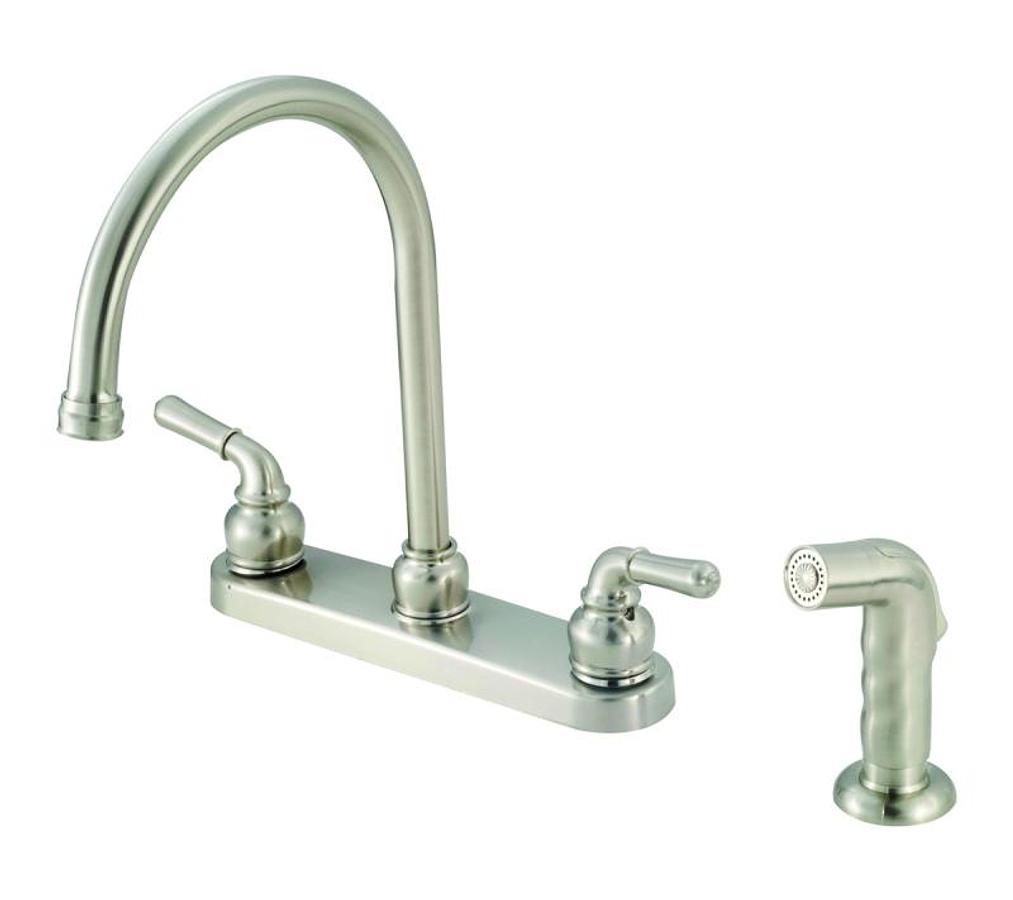 Faucet - Kitchen 8" Brushed Nickel Metal With Gooseneck Spout Teapot Handles & Spray