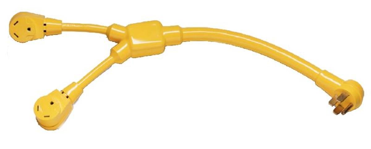 Rv Y-adapter 50 Amp Straight Blade Plug W/ Two 30 Amp Straight Blade Female