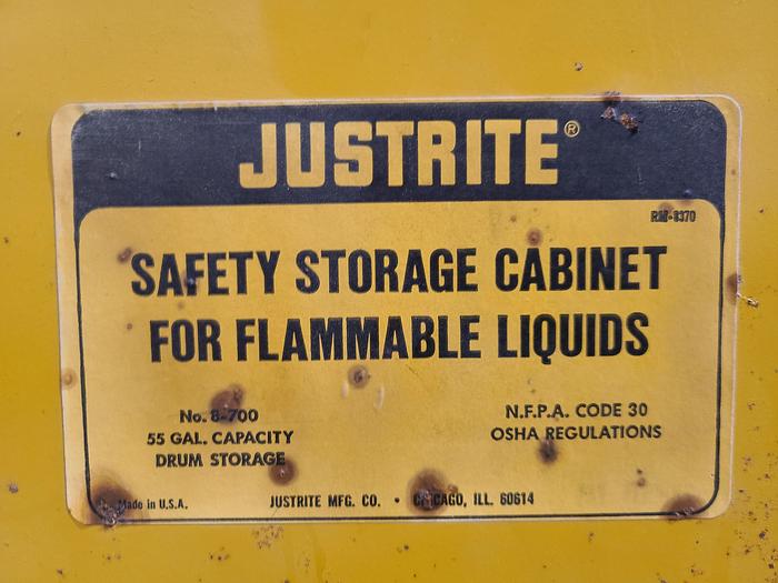 Used Justrite Safety Storage Cabinet for Flammable Liquids.