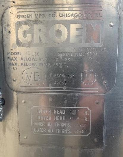 Used 150 Gallon Groen Jacketed Mix Kettle