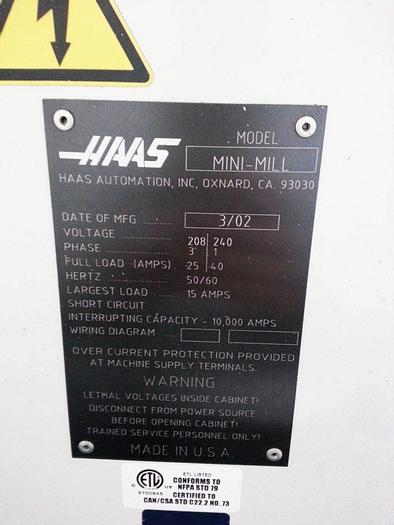Used 2002 HAAS Mini Mill CNC Vertical Machining Center