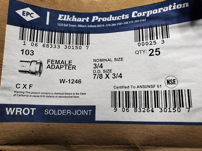 (Pack of 5) 3/4" Copper Female Adapter - Elkhart Products Corporation Solder