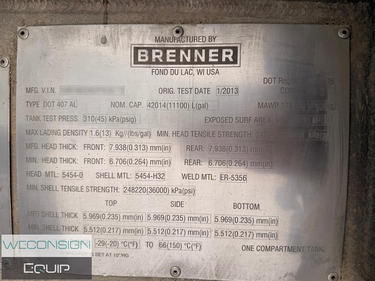 Used 2013 Brenner 42m3 Aluminum Tanker Trailer