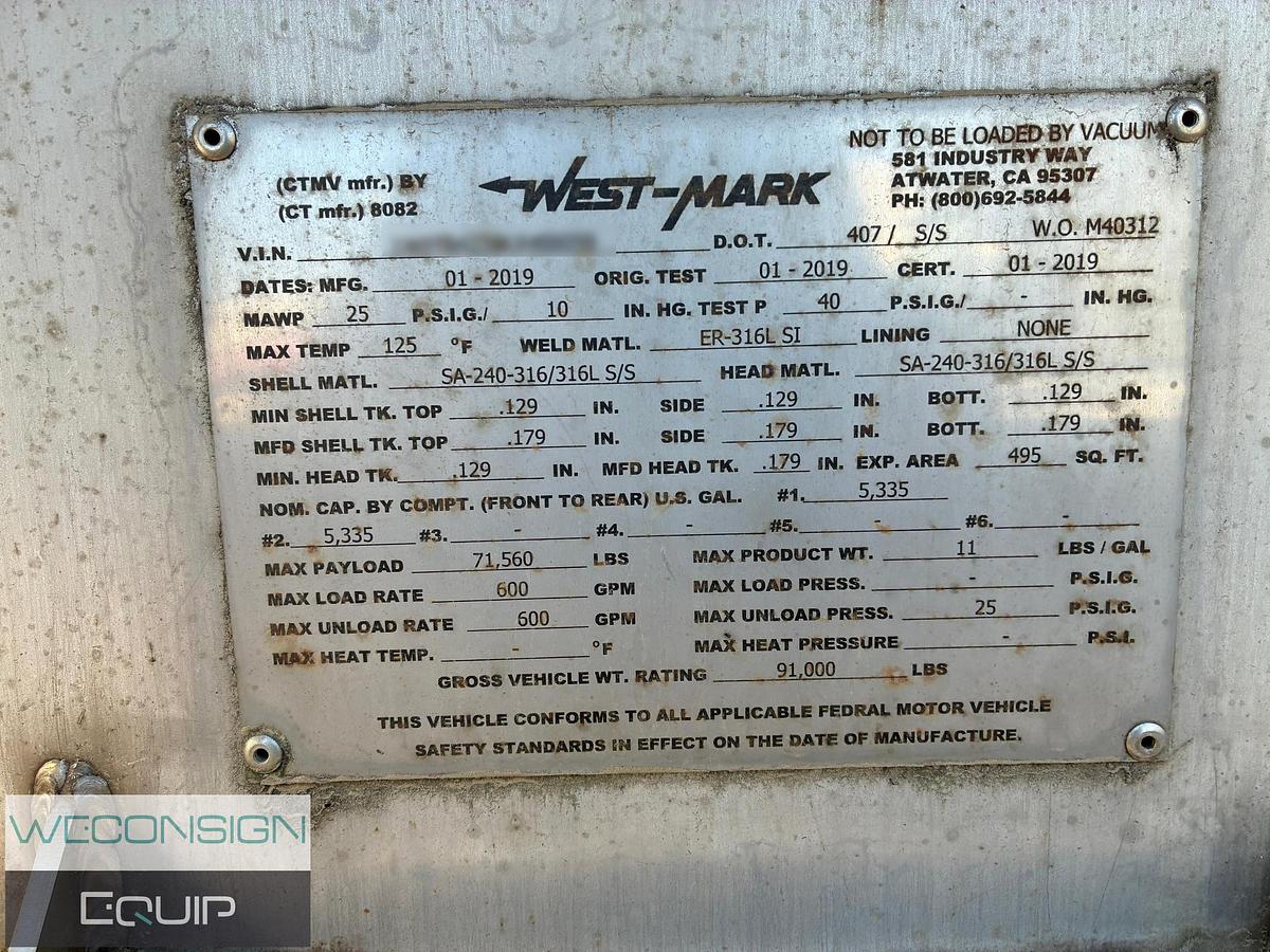 2019 West-Mark 407 Stainless Steel Tanker