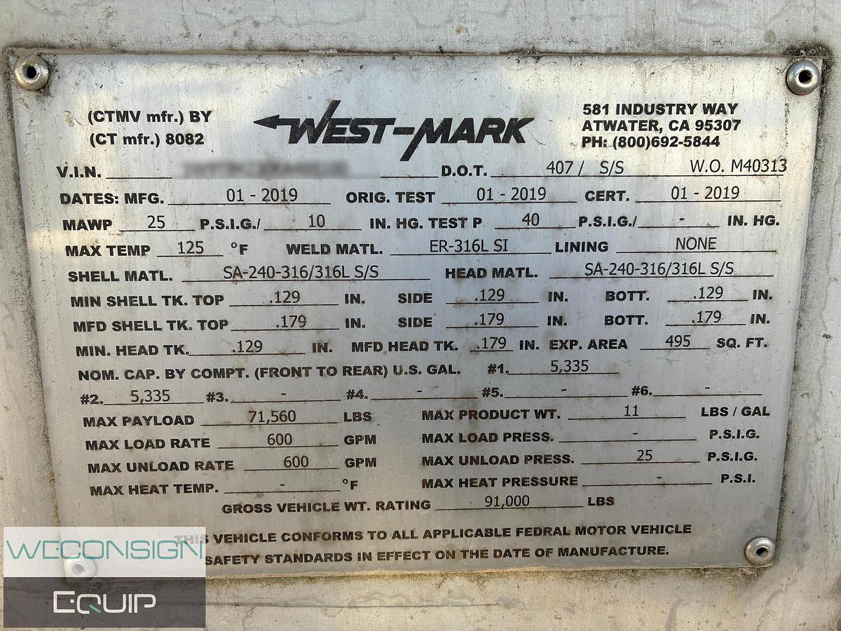 2019 West-Mark 407 Stainless Steel Tanker