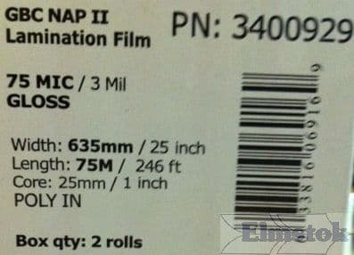 Genuine GBC 3400929 Gloss Lamination Film 75 Micron 635mm x 75m 25mm Core Box of 2