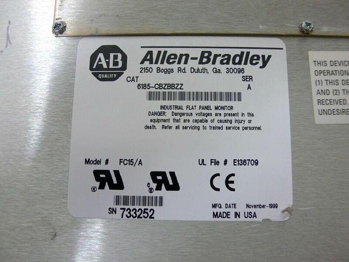 Used Allen Bradley 6185-Cbz Bbzz Fc15/a Flat Panel Monitor W/ Texas Pm-2000 Keyboard