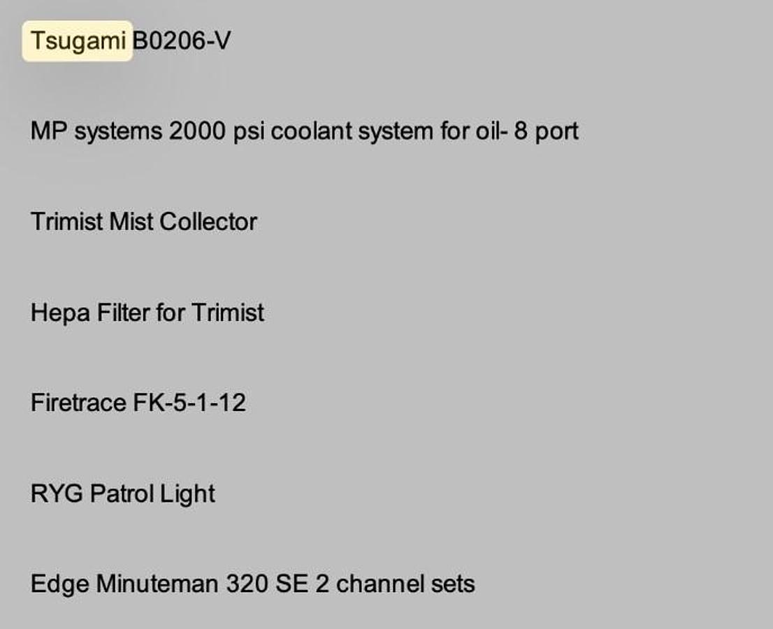 Used Tsugami B0206-V 6-Axis CNC Swiss Lathe with Edge Minuteman 320 SE Bar Feed