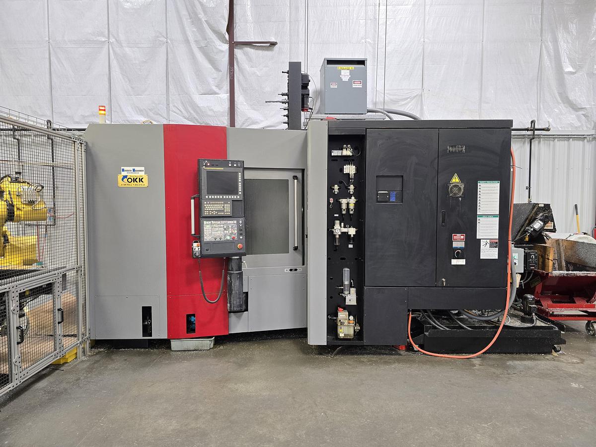 Used 2016 OKK HMC400 4-Axis CNC Horizontal Machining Center with Integrated FANUC 6-Axis Robotic Loading Cell