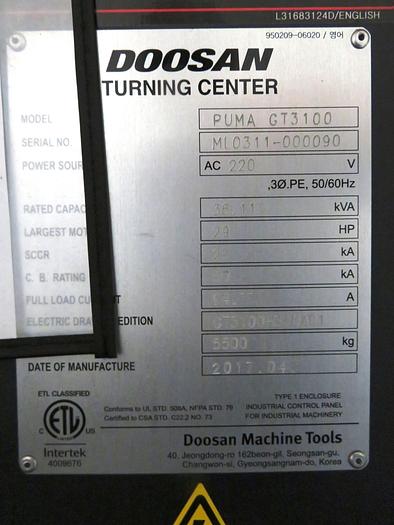 Used 2017 Doosan Puma GT3100 CNC Turning Center