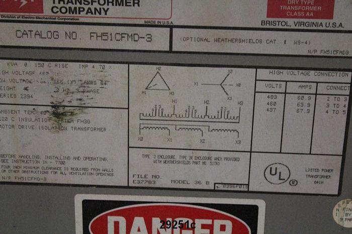 Used Federal Pacific 36B Transformer, High Voltage 460, Low Voltage 266, 51 KVA #29251