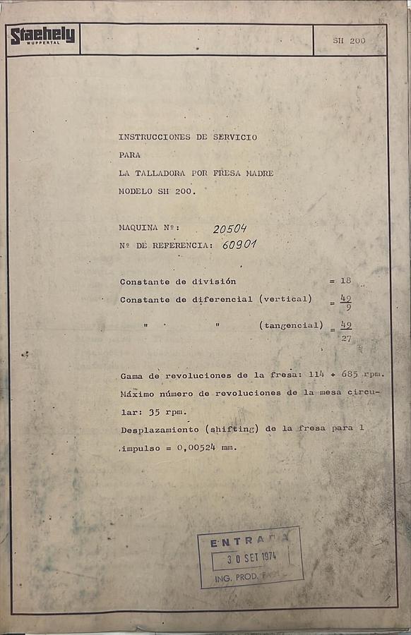 Usado Manual de Instrucciones Talladora de Engranajes STAEHELY SH 200