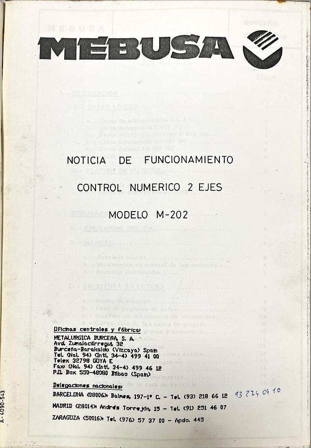 Usado Manual de Instrucciones Control Numérico MEBUSA M-202