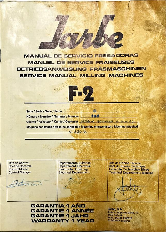 Usado Manual Instrucciones Fresadora JARBE F2 / F3 / F4 - F2H / F3H / F4H