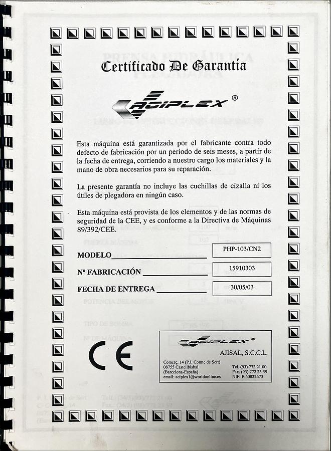 Usado Manual Instrucciones Plegadora Hidráulica Aciplex PHP-103 CN2