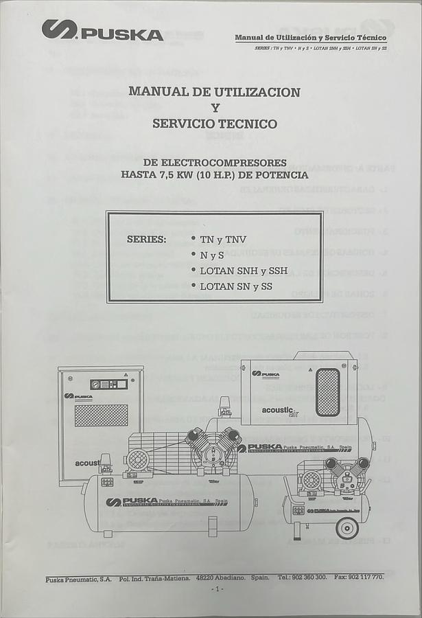 Usado Manual de Instrucciones Compresor de Aire PUSKA TN/TNV, N/S, LOTAN SNH/SSH, LOTAN SN/SS