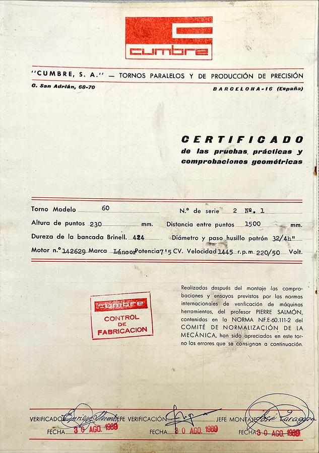 Usado Manual Instrucciones Torno Paralelo CUMBRE 60