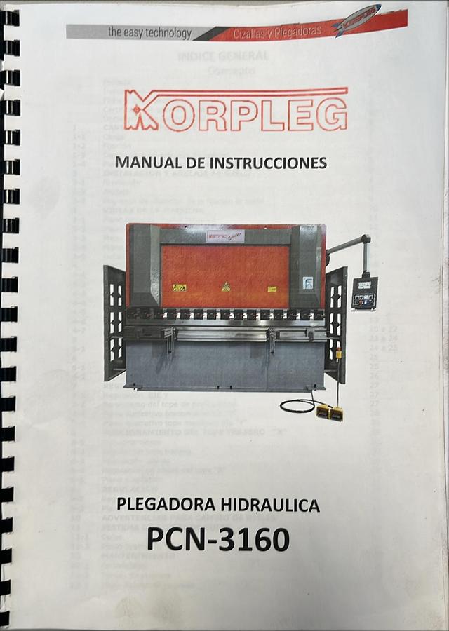 Usado Manual de Instrucciones Plegadora Hidráulica Korpleg PCN-3160