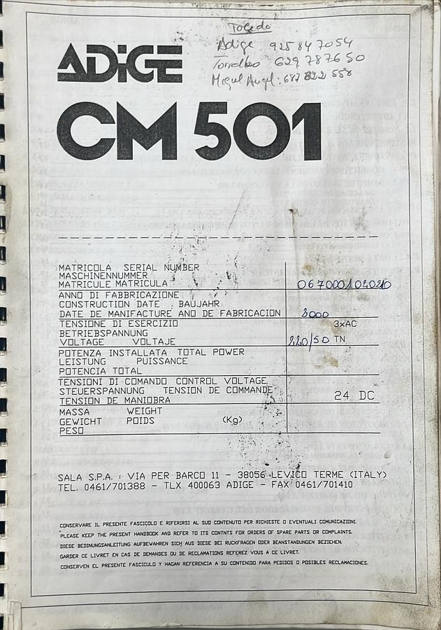 Usado Manual de Instrucciones Tronzadora Automatica Disco Adige CM501