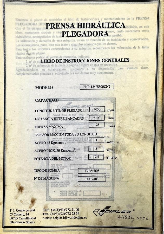 Usado Manual de Instrucciones Plegadora Hidráulica ACIPLEX PHP-124/E500CN2