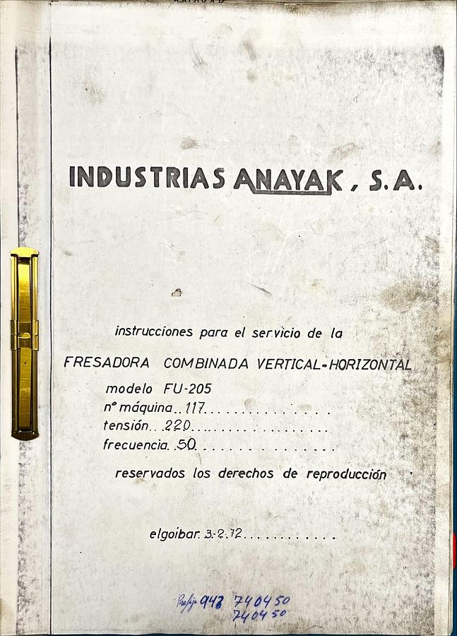 Usado Manual Instrucciones Fresadora ANAYAK FU-250