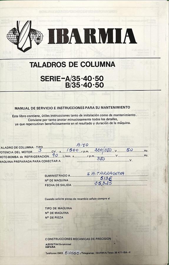 Usado Manual Instrucciones Taladro Columna Ibarmia A 35-40-50 / B 35-40-50