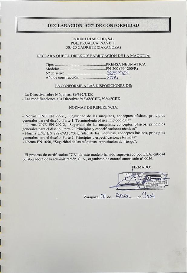 Usado Manual Instrucciones Prensa Neumática PN-200 / PN-200 R