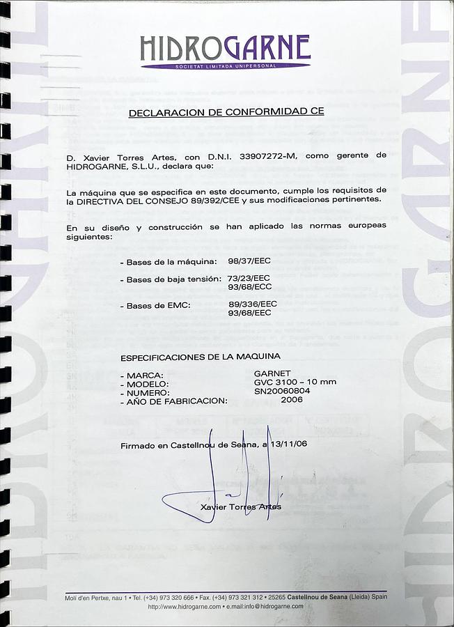 Usado Manual de Instrucciones Cizalla Hidráulica GARNET GVC 3010 