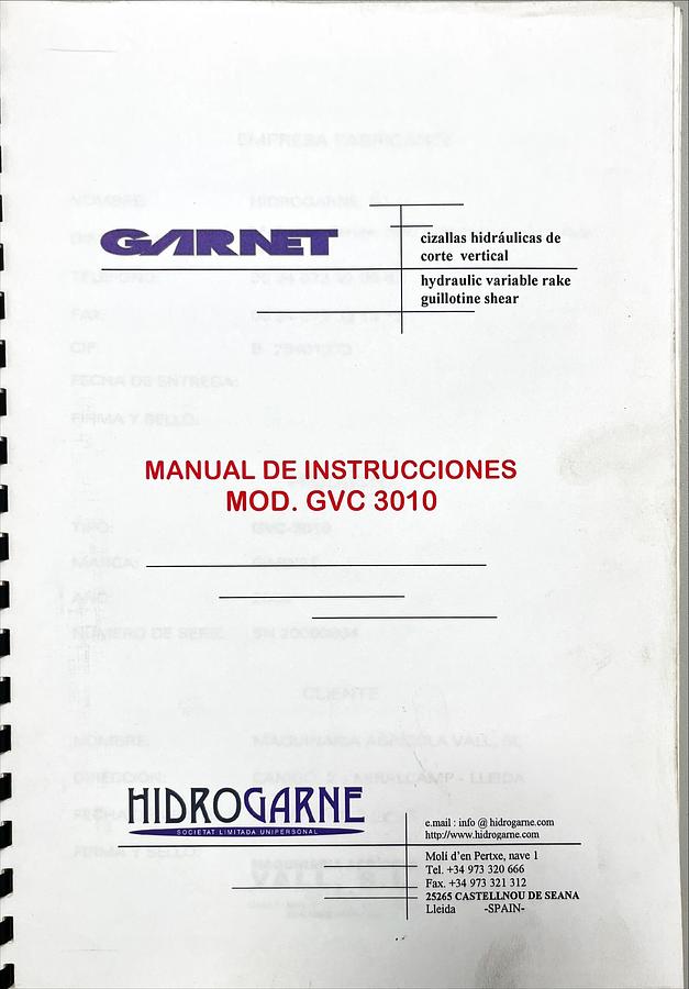 Usado Manual de Instrucciones Cizalla Hidráulica GARNET GVC 3010 