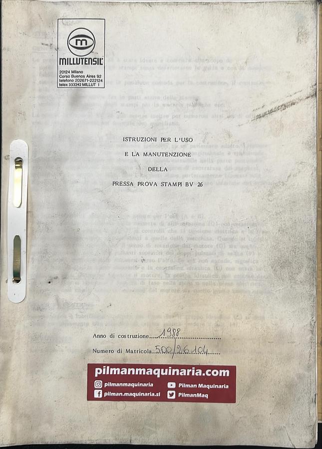 Usado Manual de Instrucciones Prensa Hidraulica Millutensil BV 26