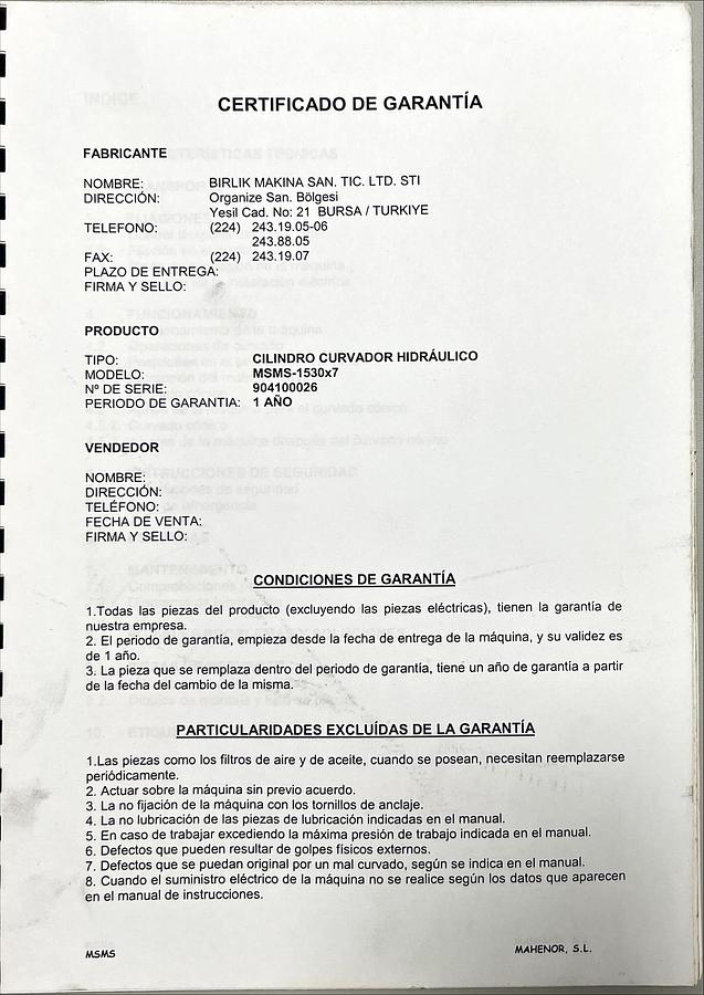 Usado Manual Instrucciones Cilindro Curvador Birlik MSMS 150-180 (ES)