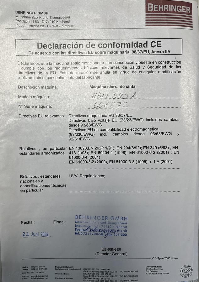 Usado Manual de Instrucciones Sierra de Cinta BEHRINGER HMB 450A