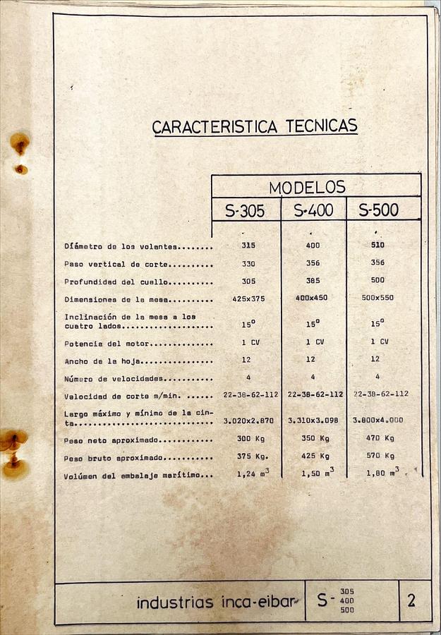 Usado Manual Instrucciones Sierra Vertical INCA S-305 S-400 S-500