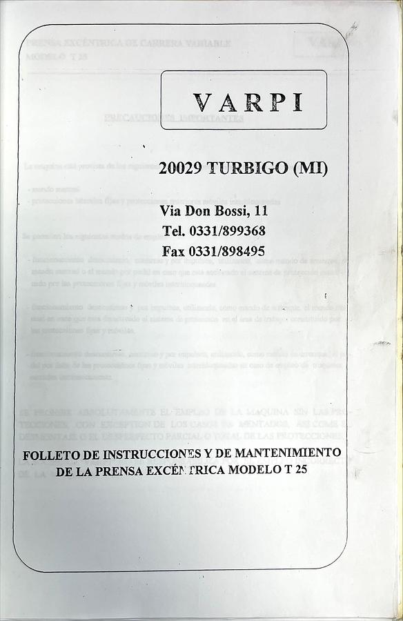 Usado Manual Instrucciones Prensa Excentrica VARPI T-25 (ES)