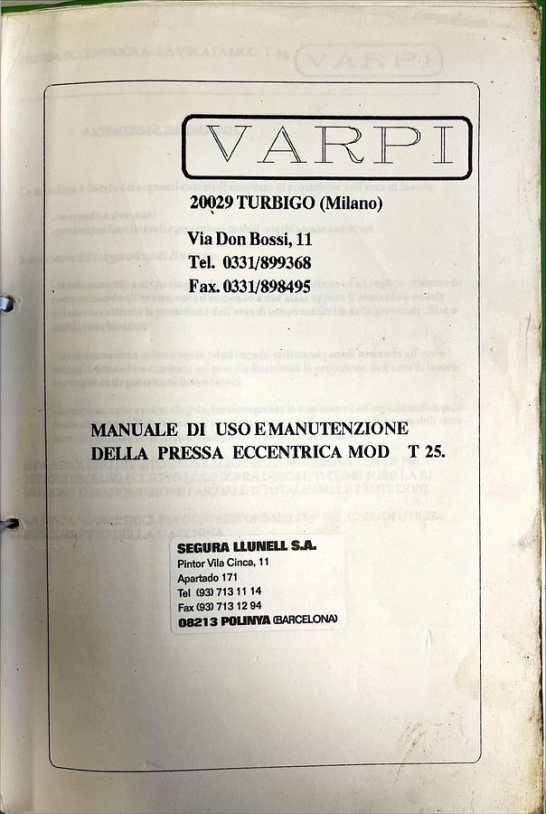 Usado Manual Instrucciones Prensa Excentrica VARPI T-25 (IT)