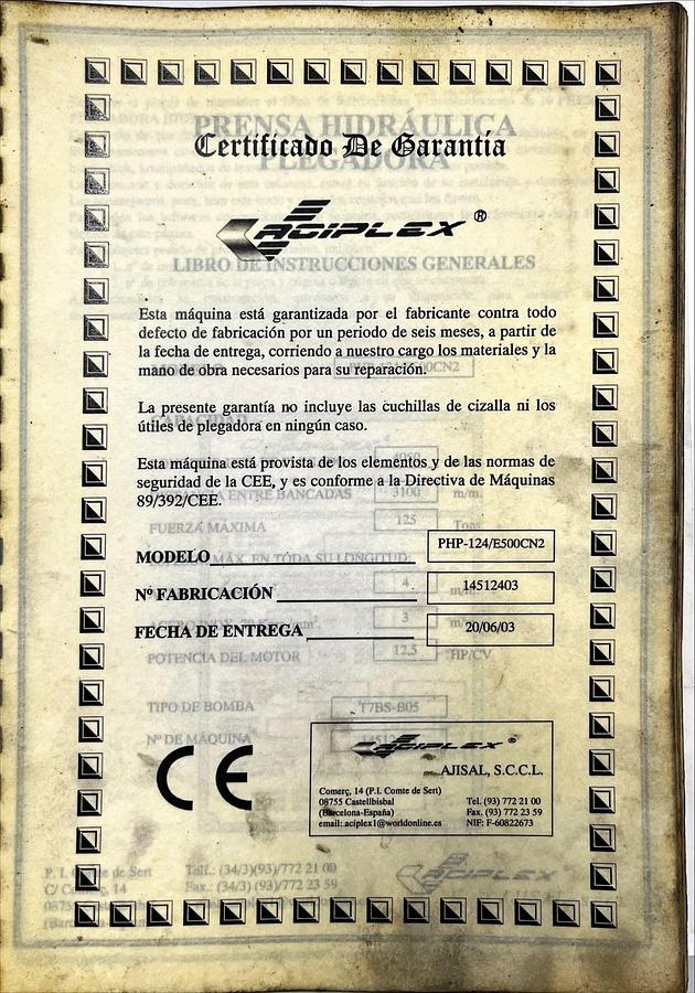 Usado Manual de Instrucciones Plegadora Hidráulica ACIPLEX PHP-124/E500CN2