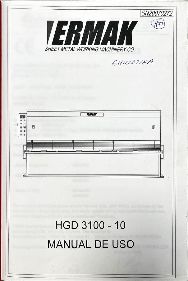 Usado Manual de Instrucciones Cizalla ERMAK HGD 3100-10mm ES