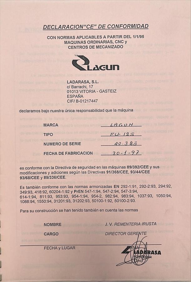 Usado Manual de Instrucciones Fresadora LAGUN FU-110 / FU-125