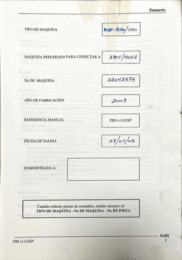 Usado Manual Instrucciones Sierra Cinta SABI PBS 250-400 / PBS 320-450