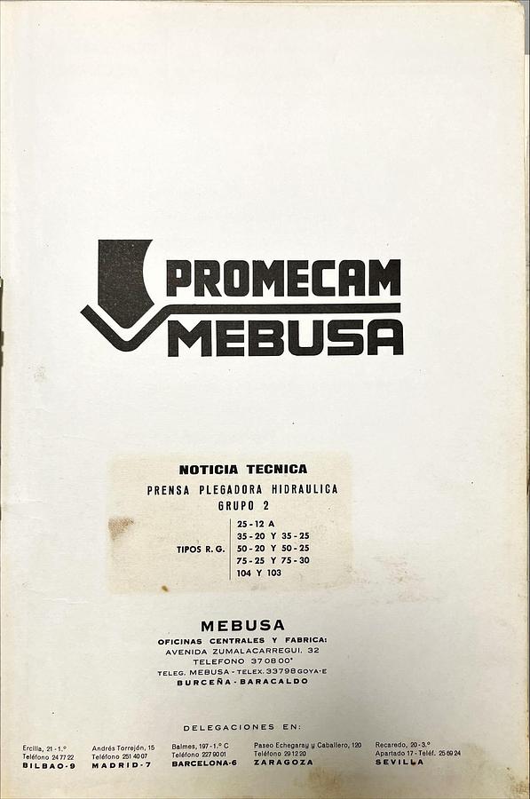 Usado Manual de Instrucciones Plegadora Promecam Mebusa R.G.