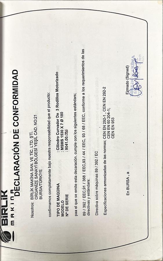 Usado Manual Instrucciones Cilindro Curvador Birlik MSMS 150-180 (EN)