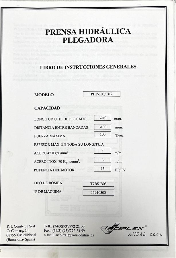 Usado Manual Instrucciones Plegadora Hidráulica Aciplex PHP-103 CN2