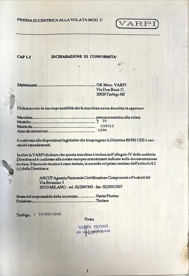 Usado Manual Instrucciones Prensa Excentrica VARPI T-25 (IT)