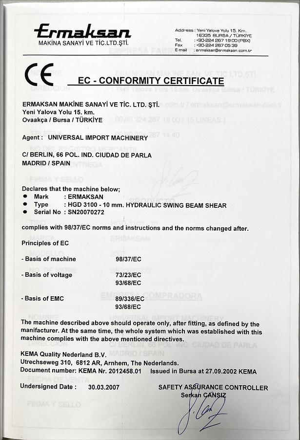 Usado Manual de Instrucciones Cizalla ERMAK HGD 3100-10mm ES